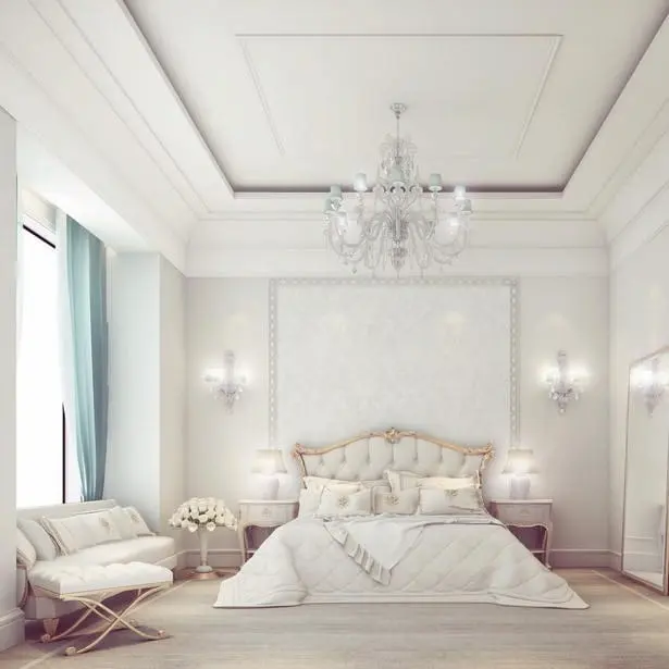 Lấy giường ngủ là trung tâm có hệ thống đèn trần tạo sự lung linh, huyền ảo (Nguồn ảnh: sưu tầm)