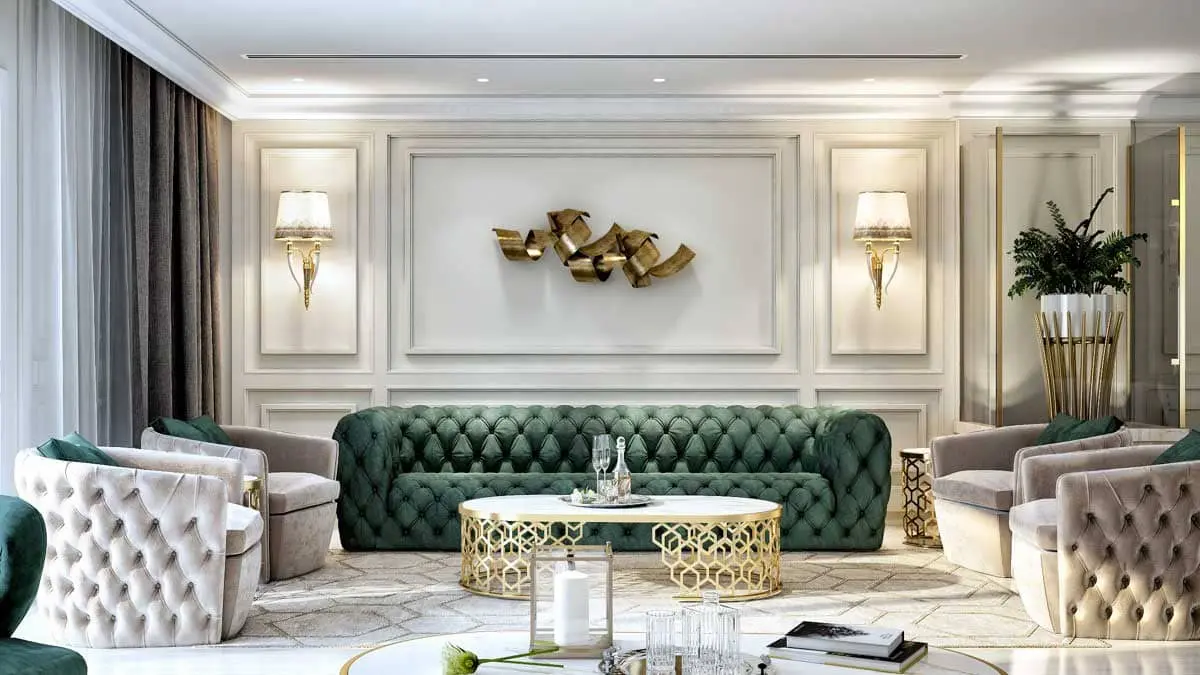 Nội thất phòng khách Luxury những chi tiết nhỏ như đường chỉ phào, họa tiết, hoa văn,… đạt đến mức độ tinh xảo tuyệt đối (Nguồn ảnh: sưu tầm)